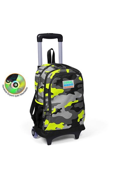 Coral High Kids Black Gray Camouflage Patterned Three Compartment Lighted Wheeled Wheelchair School Backpack 2