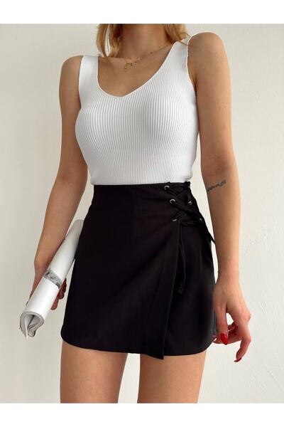 ÇEÇİM Kadın Yüksek Bel Kuş Gözü Bağcık Detaylı Şort Etek Zyn-58456