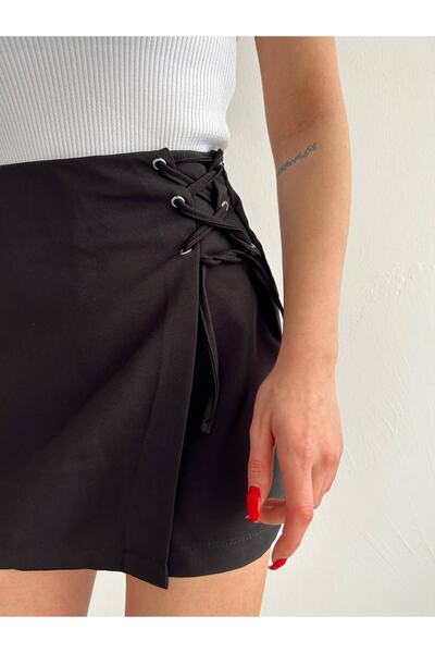 ÇEÇİM Kadın Yüksek Bel Kuş Gözü Bağcık Detaylı Şort Etek Zyn-58456