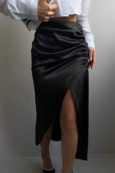 lovebox Women's Gathered Slit Midi Satin Black Skirt 5277