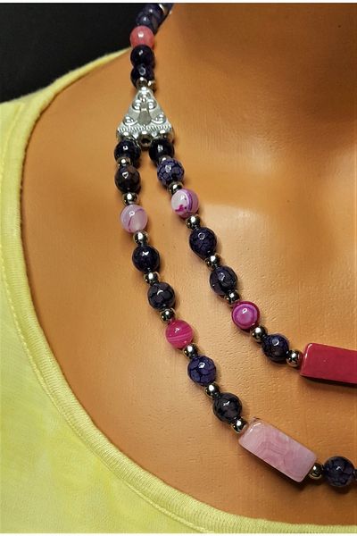 Asteria Elite Pink Agate Purple Agate Emotional Balance and Mindfulness Necklace Bracelet Set