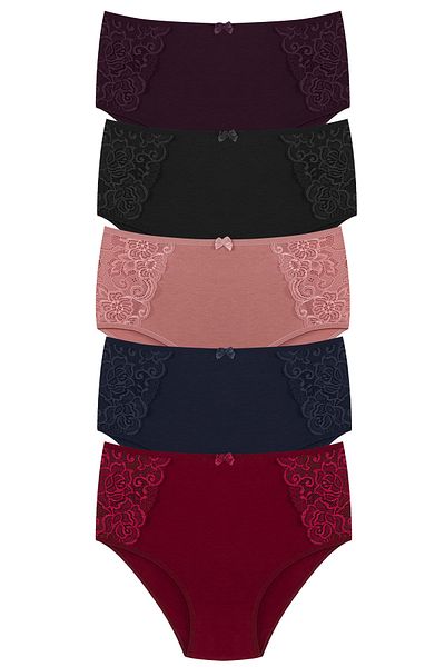 HNX 5-Piece Cotton Lace Sides High Waist Plus Size Women's Panties