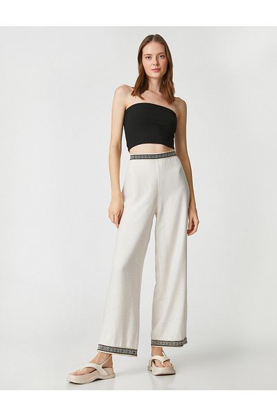 Koton Wide Leg Trousers with Piping Detail Linen Blend