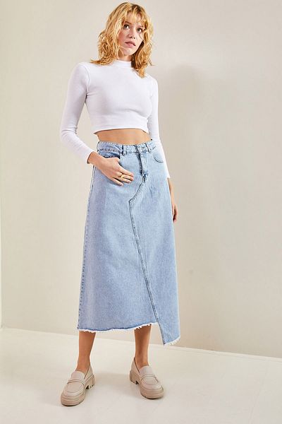 Bianco Lucci Damen-Jeansrock mit symmetrischem Muster und Quasten