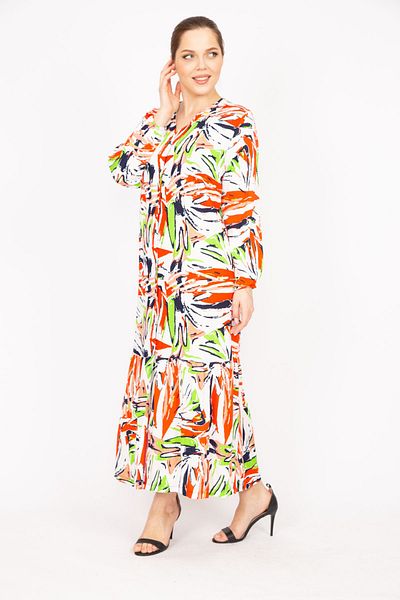 Şans Women's Colorful Plus Size Woven Viscose Fabric Long Sleeve Front Length Buttoned Skirt Tip Layered Dress 65n35846
