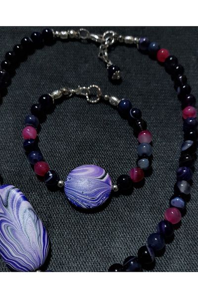 Asteria Elite Purple Agate Pink Agate Evil Eye Protection and Wisdom Necklace Bracelet Set