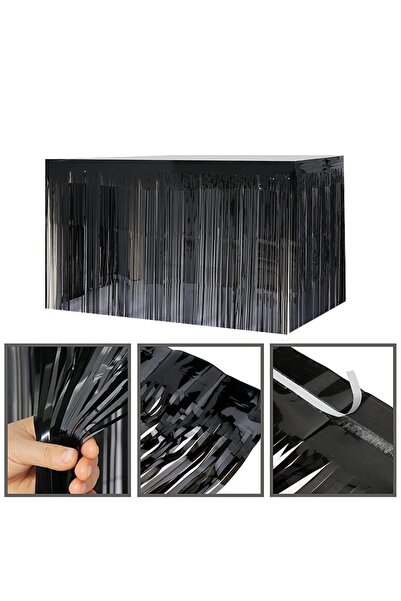 PARTİ SEPETİ Μαύρη Φούστα Τραπεζιού με Λαμπερές Φούντες