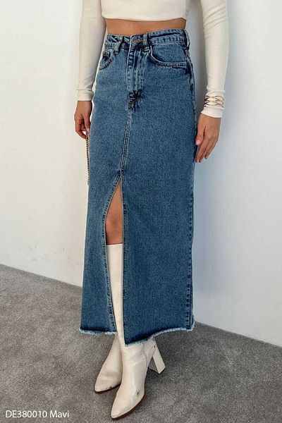 TheNeva Fusta lungă de denim cu deschidere în față Qustyle pentru femei, albastră