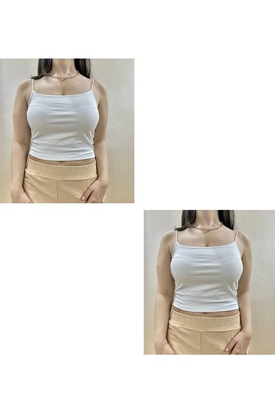 Betimoda Woman's Cotton Crop Top Strap Bustier 2 Pieces White