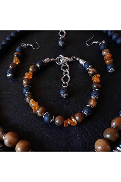 Asteria Elite Lava Stone Tiger Eye Amber Power, Courage and Peace Jewelry Set
