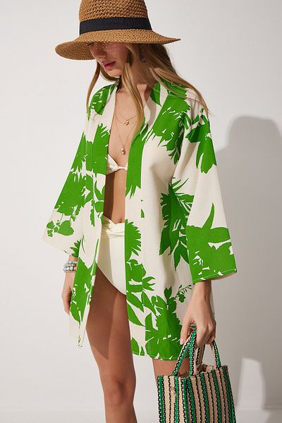Happiness İstanbul Beige-grün gemusterter Kimono aus Leinen-Viskose für Damen BH00381