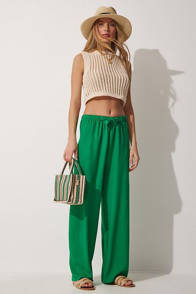 Happiness İstanbul Women's Green Palazzo Viscose Trousers BH00322