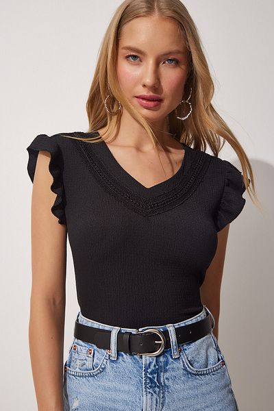 Happiness İstanbul Women's Black Laced Flounce V-Neck Knitted Blouse DD01184