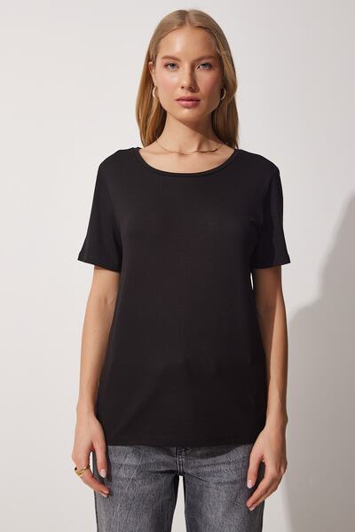 Happiness İstanbul Dámské černé tričko s viskózovým výstřihem na člunu UB00039