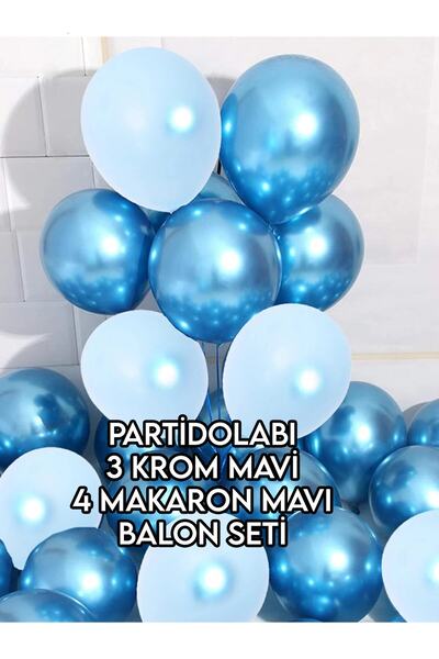 Parti dolabı 7li (3 Krom Mavi Ve 4 Makaron (pastel) Mavi) Renk Parlak Aynalı Balon 12inc 30cm Helyumla Uçan