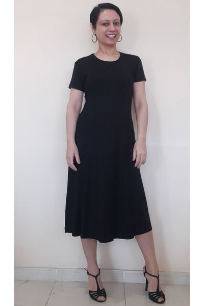Mertcan Butik Μαύρη φούστα με μέση σε γραμμή Α 6 τεμαχίων χτενισμένο βαμβακερό βισκόζη φόρεμα κάτω από το γόνατο