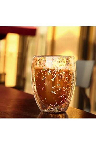 Seram Collection Isıya Dayanıklı Borosilikat Yıldız Simli Çift Cidarlı Cam Bardak Kahve Sunum Kokteyl Bardağı