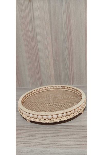 Nedabella Mandu Single Wooden Beaded Wicker Natural Raffia Tray, Decorative Tray, Bathroom, Home, Table Decor Tray/25cm