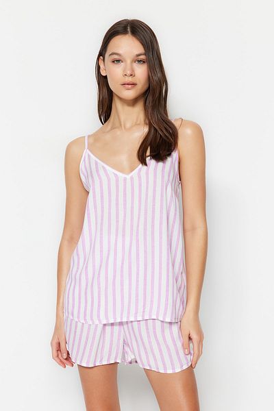Trendyol Collection Sada viskózového tkaného pyžama s fialovým pruhovaným provazovým popruhem THMSS23PT00006
