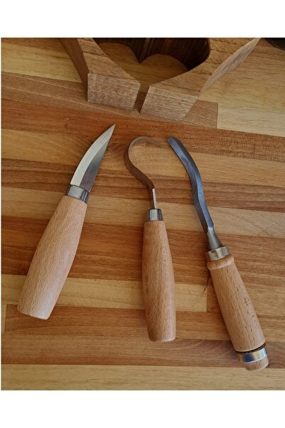 Depolife Ahşap Oyma Bıçak Alet Seti Kaşık Kuksa Oval Düz Oyma Yontma Bıçağı 3 Parçalı Set