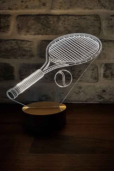 BY-LAMP Tenis Raketi Figürlü Dekoratif Hediye Led Masa Lambası | 7 Işık Rengi | Ahşap Taban