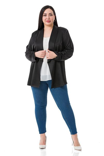 DISENTIS MODEST Μαύρο σατέν μπουφάν Plus Size - Σάλι γιακά και λεπτομέρεια με κορδόνι