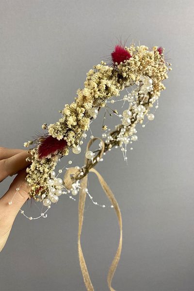 Hobigram Cremă din bumbac roșu cu iarbă Organizare Coroană de fotografiere pentru mireasă – Bandă de păr, design elegant