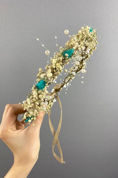 Hobigram Bumbac verde apă Cremă cu buruieni Chipsy Organizare Coroană de fotografiere pentru mireasă – Bandă de păr, design elegant
