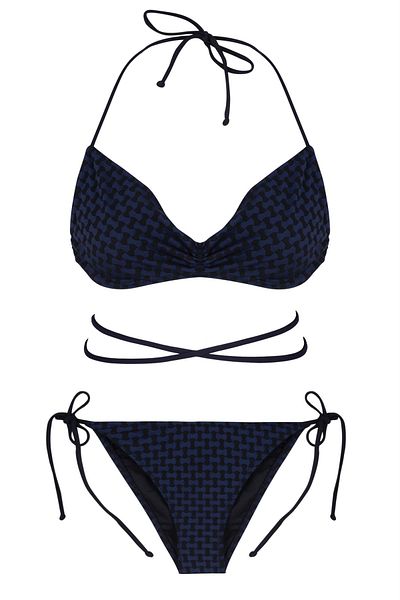 AQUELLA Patterned Navy Blue Strapless Gathered Bikini Set