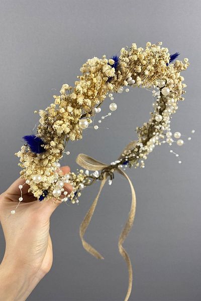 Hobigram Coroană de nuntă din bumbac albastru cu iarbă, cu cremă și firimituri – Bandă de păr, design elegant