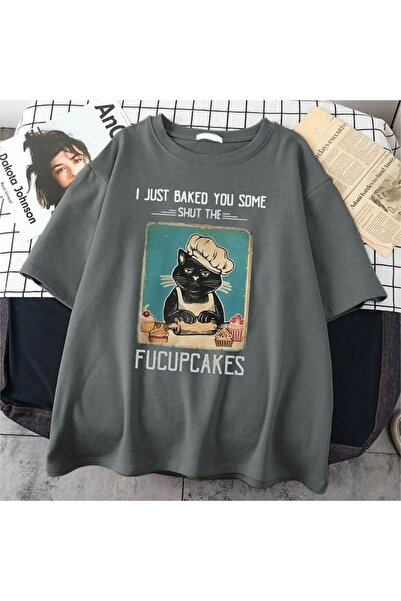 ORLONTEX Unisex Antrasit Kedi Baskılı Oversize Tshirt