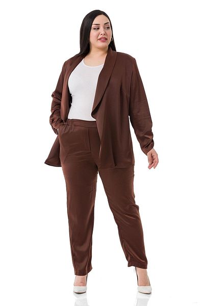 DISENTIS MODEST Plus Size Satin Brown Trousers with Elastic Side and Back Pockets