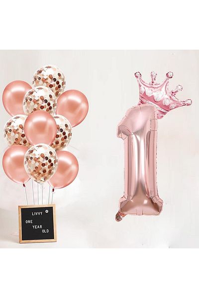 Patladı Gitti 1 Number Rose Gold Foil Balloon, Rose Gold Balloon with King's Crown and Confetti