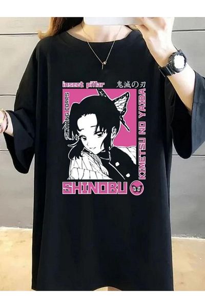 DEEPSENCE Tricou oversize cu imprimeu frontal Shınobu cu personaj anime negru pentru femei