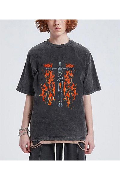 Touz Πλυμένο φλεγόμενο σκελετό με στάμπα Unisex Oversize Vintage T-shirt