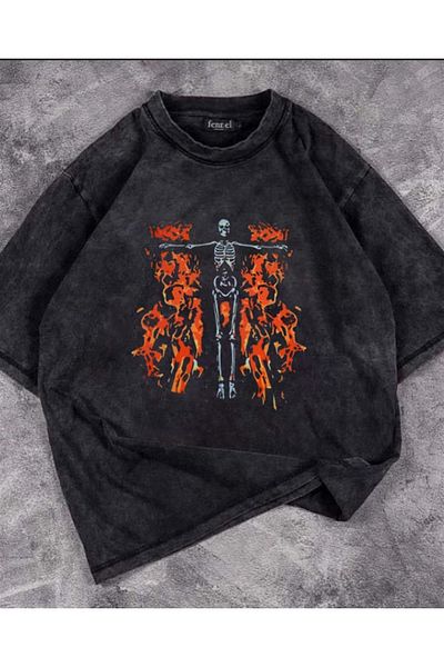 Touz Πλυμένο φλεγόμενο σκελετό με στάμπα Unisex Oversize Vintage T-shirt