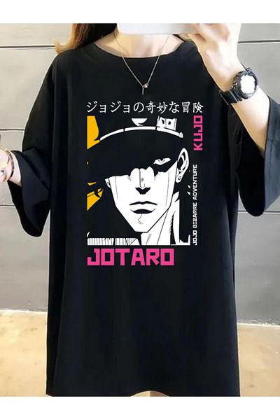 DEEPSENCE Tricou oversize cu imprimeu frontal cu personaj Jotora Anime negru pentru femei
