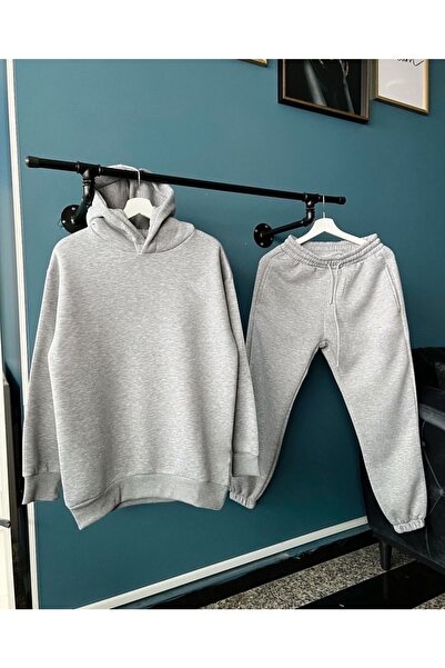 TREND Gray Tracksuit Set Oversize Unisex Three Thread Ribbed Thick And High Q...
