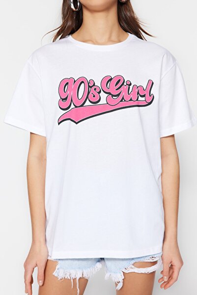 Trendyol Collection Biała, 100% bawełna, z nadrukiem, oversize/szeroki, dzianinowy T-shirt ze stójką TWOSS23TS00373