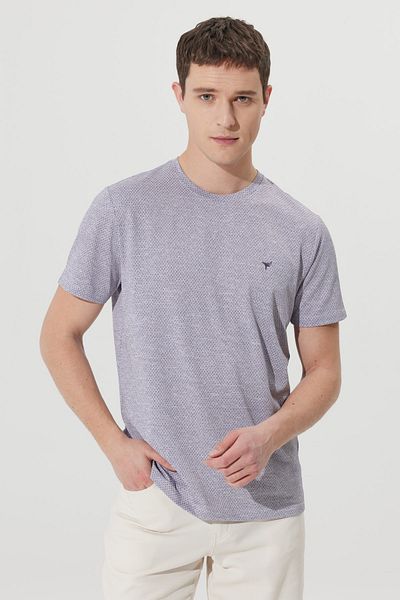 AC&Co / Altınyıldız Classics Ανδρικό μωβ-λευκό μπλουζάκι Easy-Iron Slim Fit Slim Fit Crew Neck Jacquard T-shirt