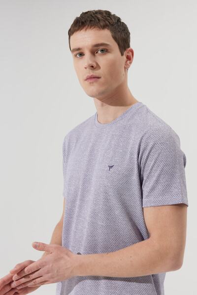 AC&Co / Altınyıldız Classics Ανδρικό μωβ-λευκό μπλουζάκι Easy-Iron Slim Fit Slim Fit Crew Neck Jacquard T-shirt