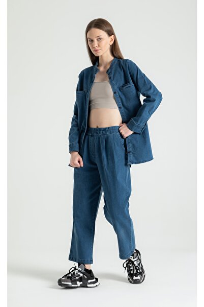 RUBYSTARS Mavi Salaş Kesim Beli Lastikli Ön Pile Detay Lavados Ince Kot Pantolon