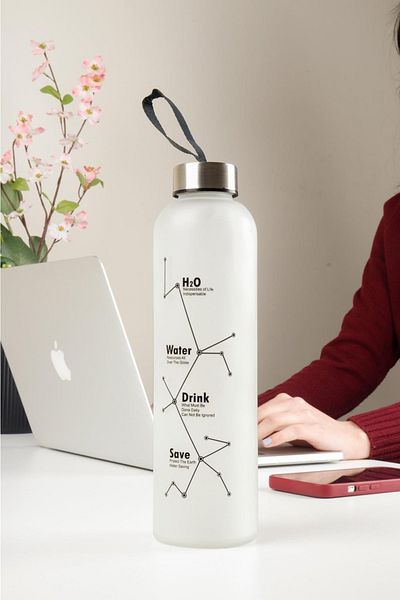 HOMENIVA H20 Frosted Glass Water Bottle – Motivational Water Bottle 600 Ml