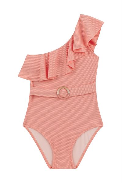 AQUELLA Girl's Fawn Textured One Shoulder Swimsuit