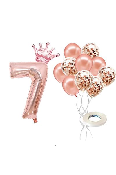 Patladı Gitti 7 Number Rose Gold Foil Balloon, Rose Gold Balloon with King's Crown and Confetti