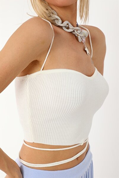 Dreamlike Ince Ip Askılı Belden Bağlamalı Straplez Crop Triko Büstiyer Bluz