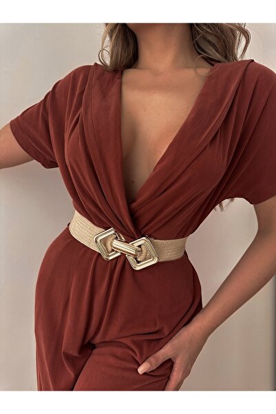 Fiori Interlocking Straw Elastic Women's Belt with Gold Buckle, Jacket Belt, Shirt Belt, Dress Belt