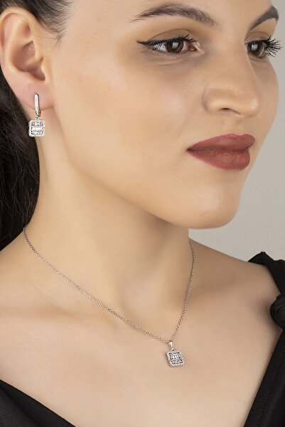 Silvano Jewelry 925 Ayar Gümüş Baget Taşlı Kolye Küpe Seti
