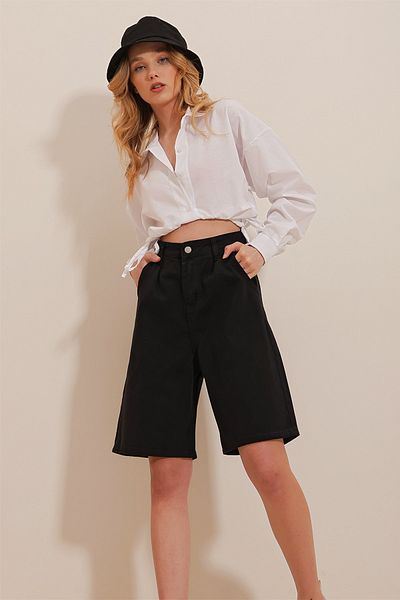 Trend Alaçatı Stili Pantaloni scurți din denim bermude cu talie înaltă neagră pentru femei ALC-X8174