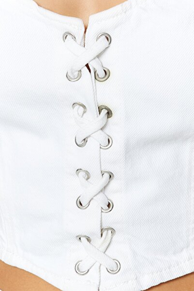 Trendyol Collection Біле пташине око в'язка деталізоване серце шия приталений джинсовий бюст'є з кроп-джинсу TWOSS23BS00010